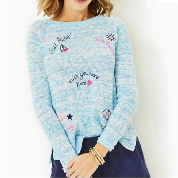 Lilly Pulitzer Sweaters - Lilly Pulitzer Danette Sweater Blue Marl Sail-abration Embroidery Beach Size XS